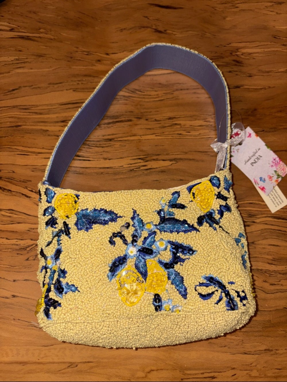 Viral Handbeaded Yellow and Blue Beaded Floral Shoulder Bag